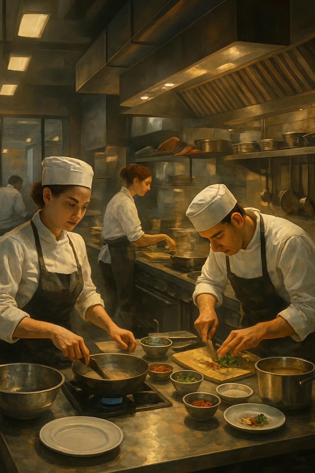 Three chefs work in a commercial kitchen with stainless steel countertops and metal shelving.
