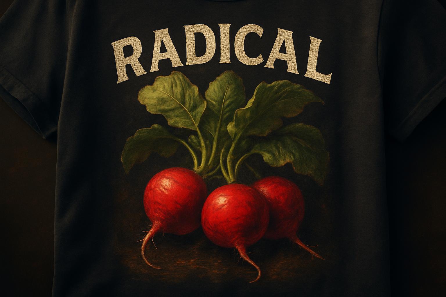 The image depicts a black T-shirt with a graphic of three red radishes and green leaves, featuring the word "RADICAL" in b...