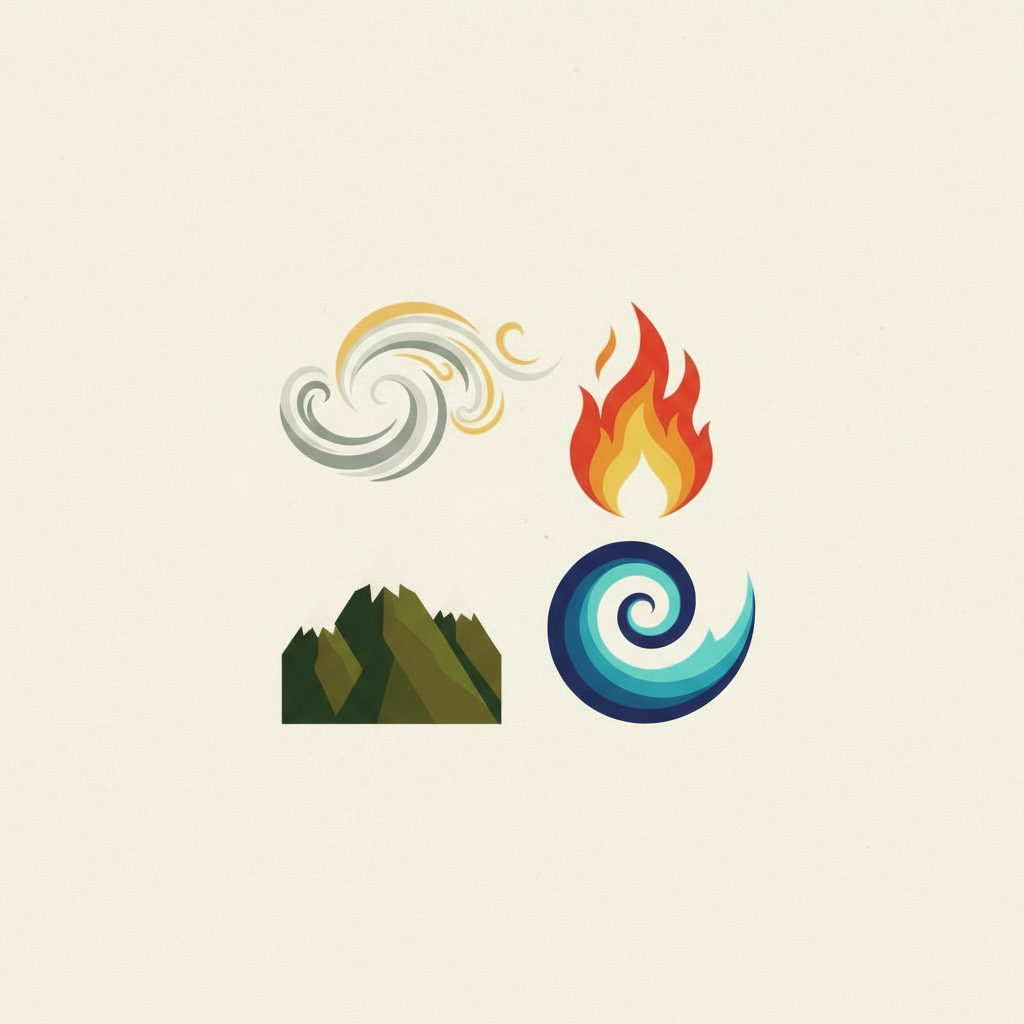 A clean, harmonious graphic depicting the four elements: earth, air, fire, and water, each visually distinct and without text, all in the same style. Ensure the earth symbol matches the others and is not in a square box. No characters, animals, or colored backgrounds.