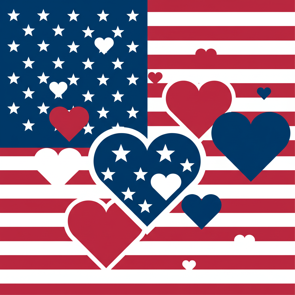 Create an image inspired by Valentine's Day and the American flag, blending hearts, stars, and patriotic red, white, and blue colors. Maintain the same clean, harmonious, graphic style with no text, matching the original's look and feel.
