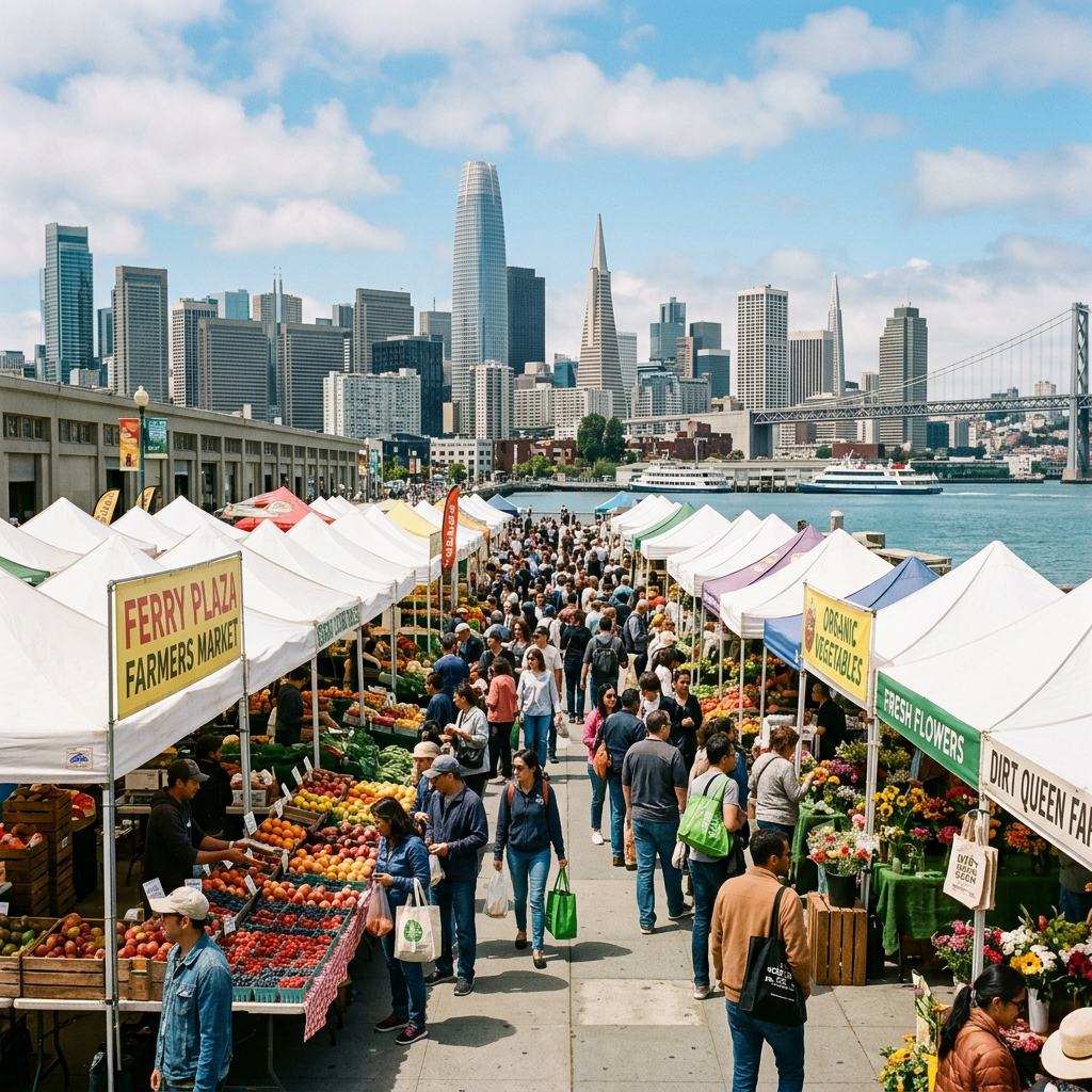 Crowded Ferry Plaza farmers market with colorful stalls and San Francisco skyline