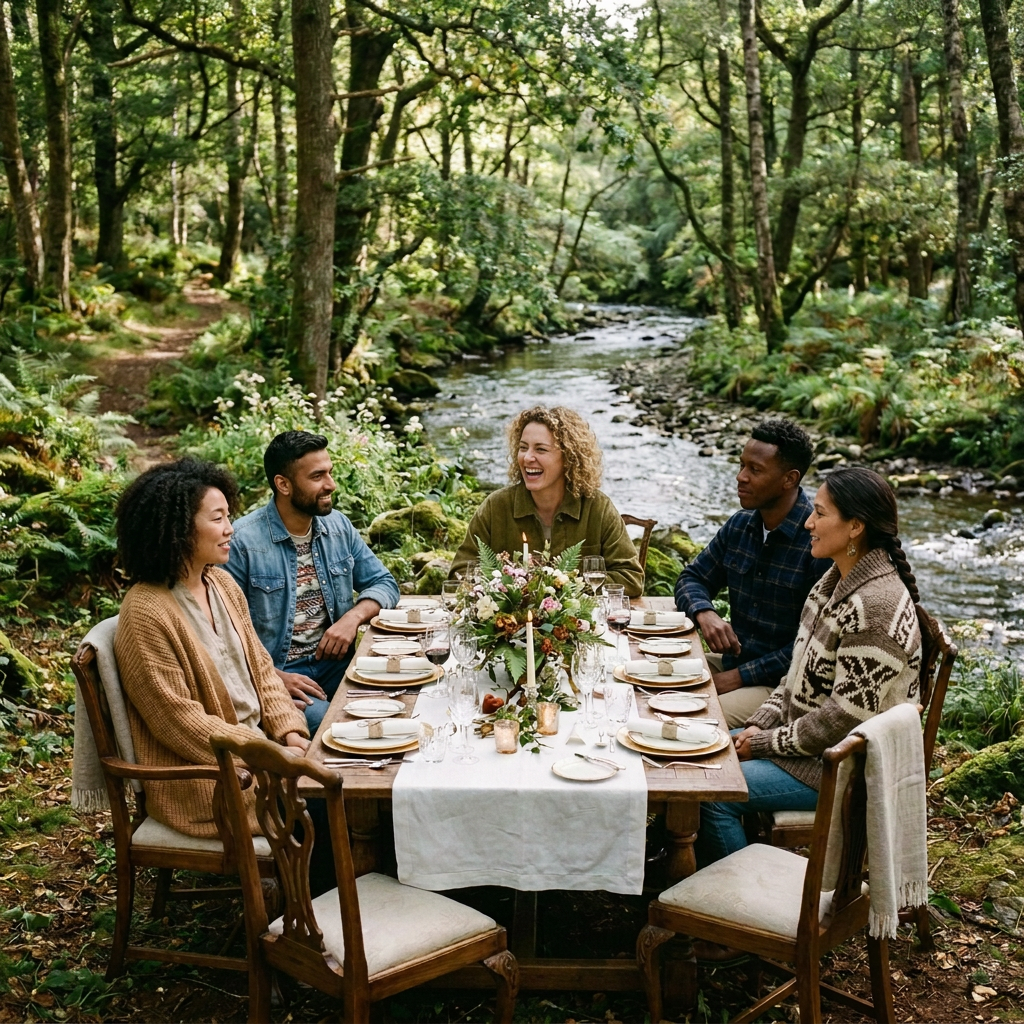 Group of five people seated at a decorated dining table in a green forest beside a flowing stream