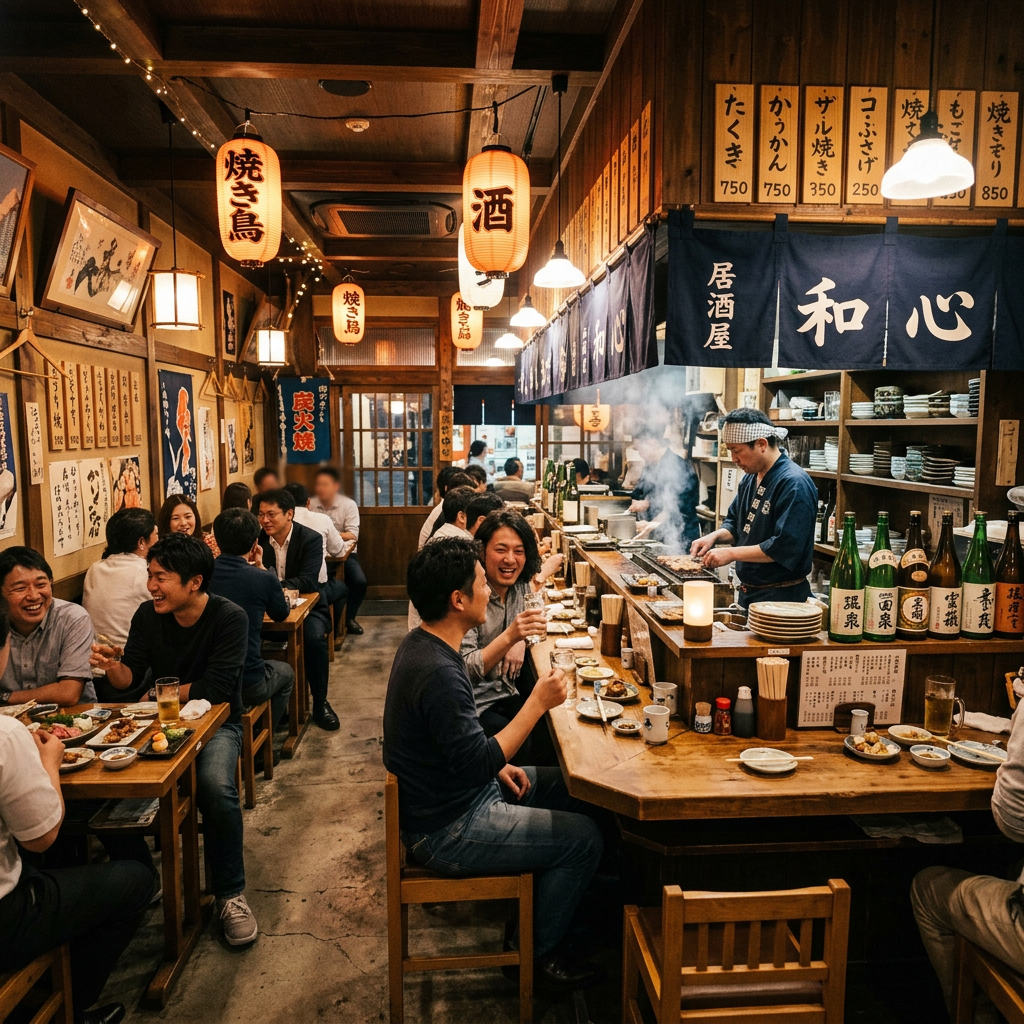 Busy Japanese izakaya with diners, lanterns, menu signs, and open grill