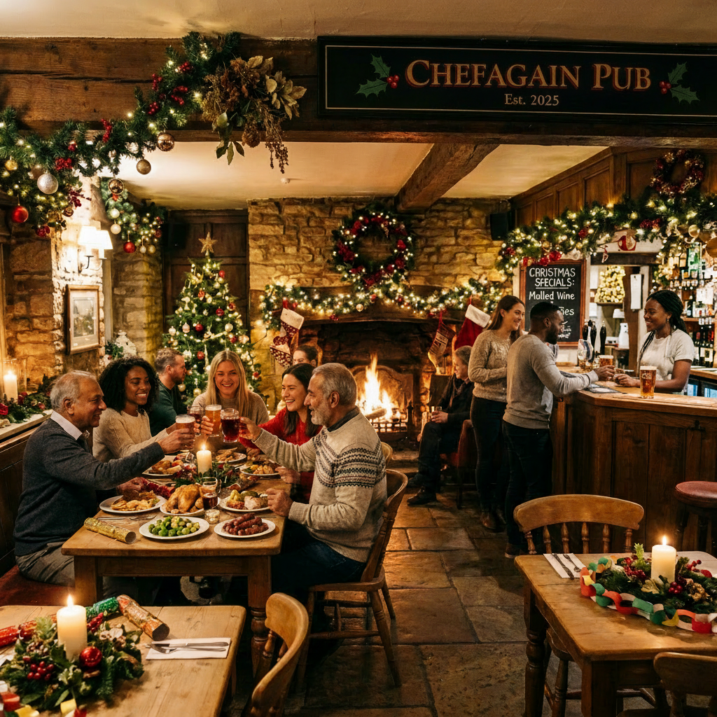Edit the existing image while preserving the entire scene, people, food, decorations, lighting, and composition. Change only the visible pub sign text so it clearly reads exactly: "ChefAgain Pub, Est 2025". Keep the lettering natural, legible, and integrated with the sign.